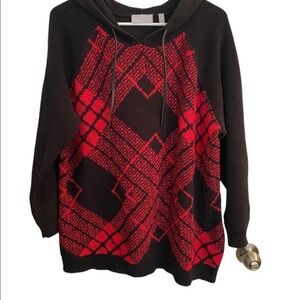 Harper‎ + Liv Sweater Womens 2X Red Black Argyle Plaid Hooded Cotton  Pullover